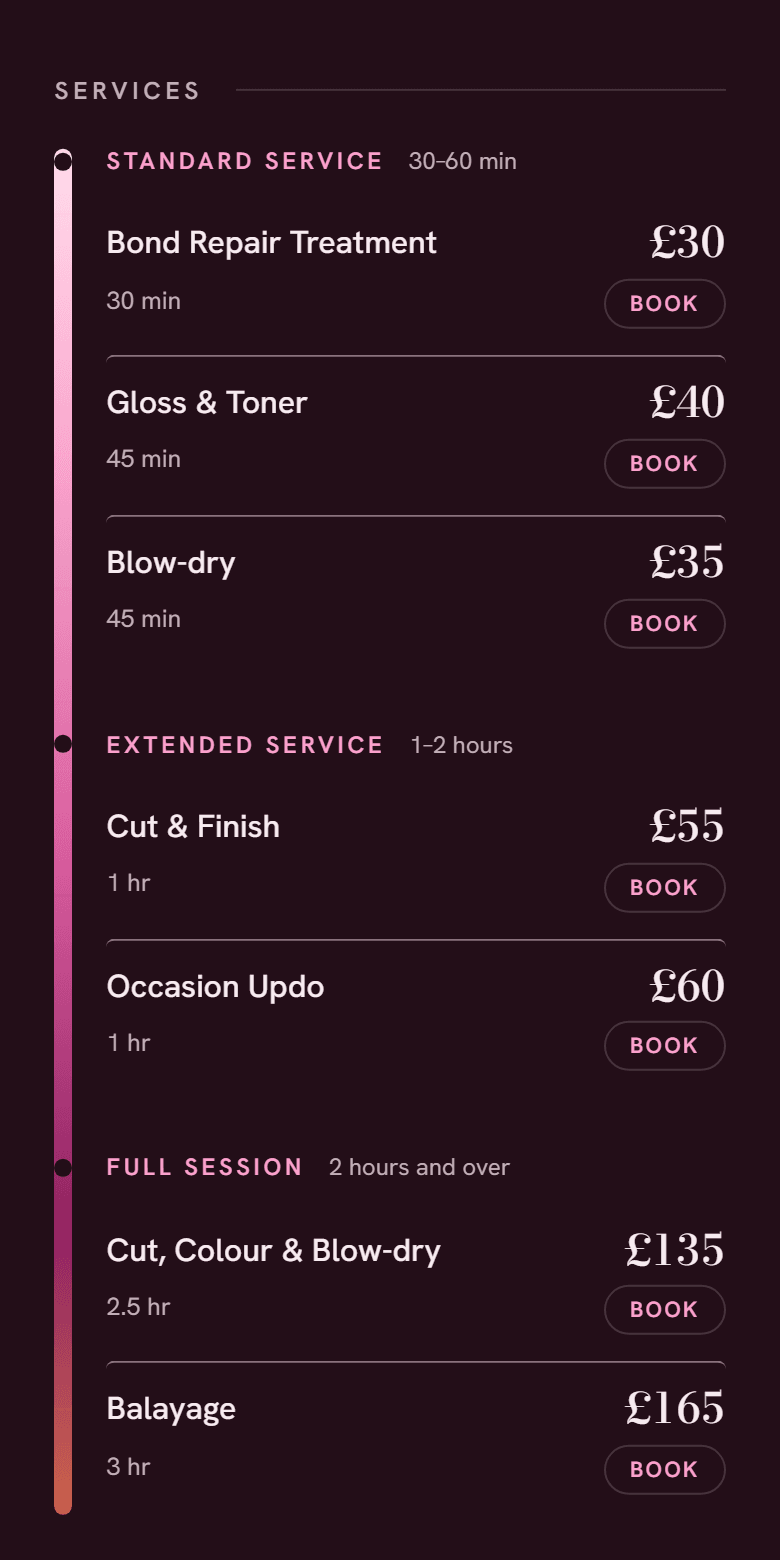 The identical price list in the Studio theme: the same seven services at the same prices, set on a deep plum ground with the prices in a fine serif and a pink-to-copper tone ramp running down the side of the menu.