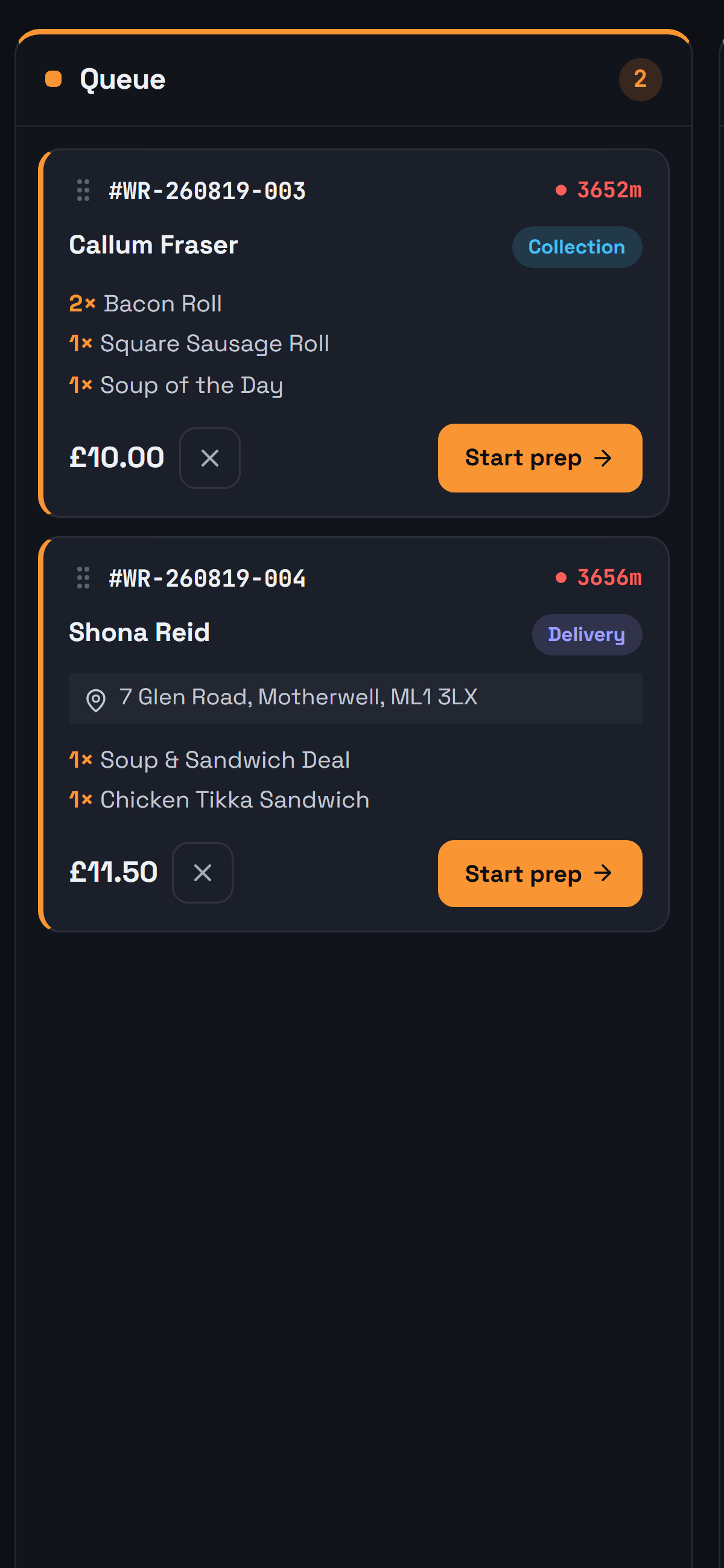 The OrderBoard kitchen board: tickets in the Queue column showing the order number, the customer's name, a Collection or Delivery tag, the items, the total and a Start prep button.