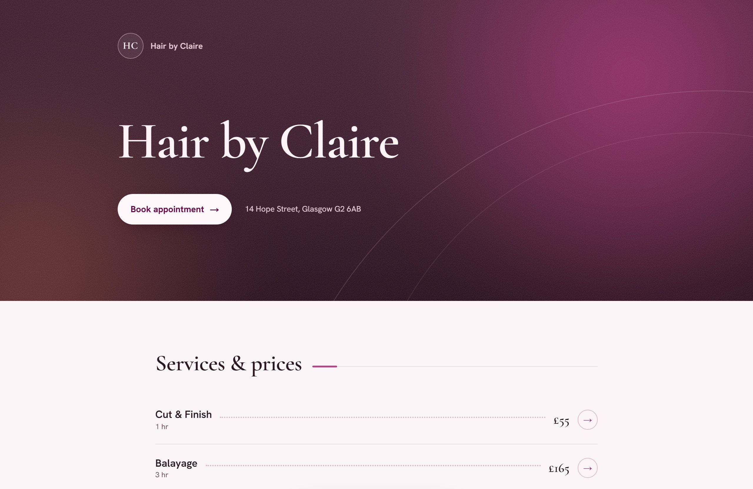 A live ChairTime salon storefront: full-bleed brand-coloured cover with Book appointment button and an editorial services price list